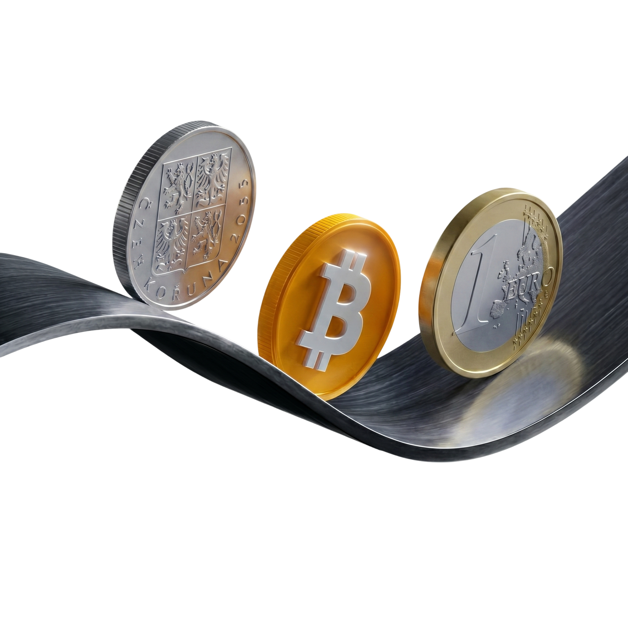 CZK, Bitcoin and EUR coins on a metallic ribbon
